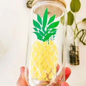 Custom Yellow/Green Pineapple Glass Tumbler Cup & Straw w/ Wood Lid NEW